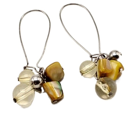 Artisan Clear Glass Bead & MOP Shell Cluster Dangle Earrings with Latch Wires - Picture 6 of 13